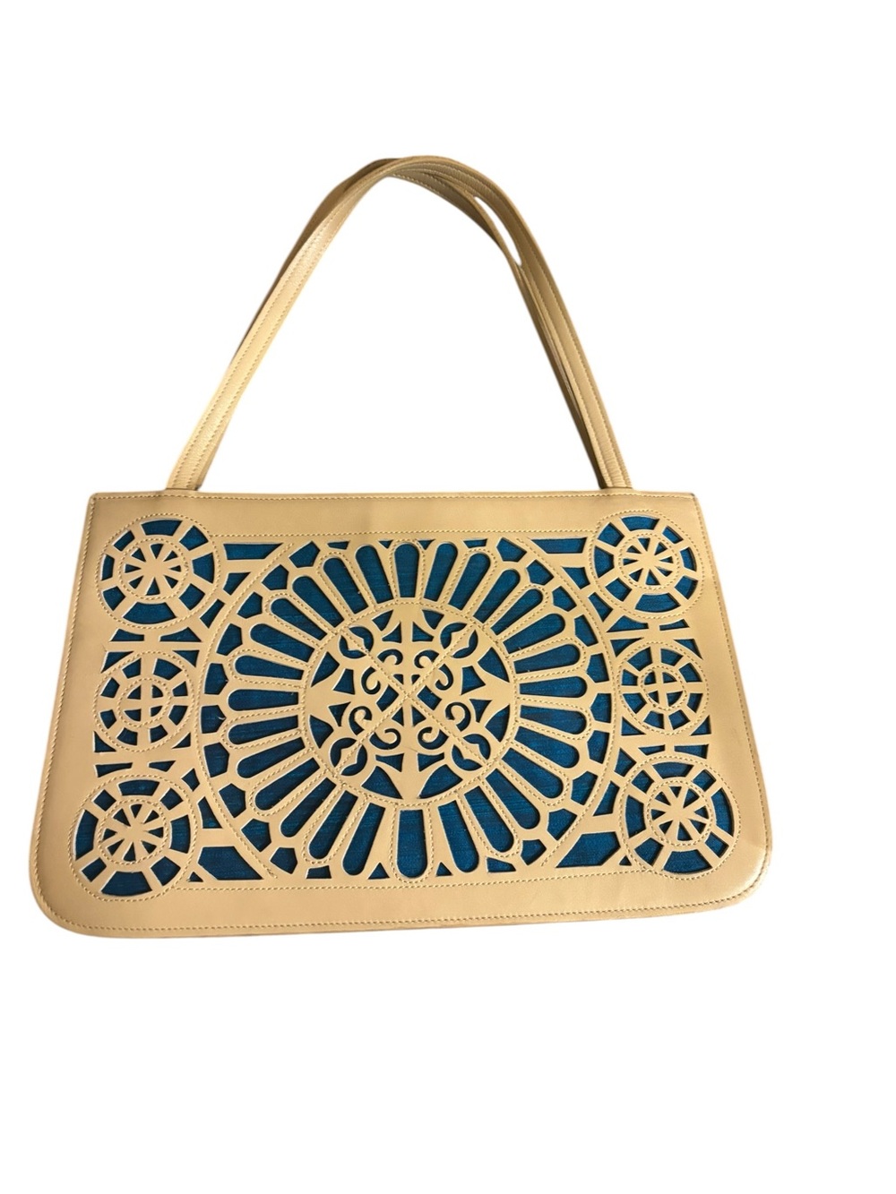 BCBGMaxAzria Beige Cutout Shoulder Bag with Teal Inset